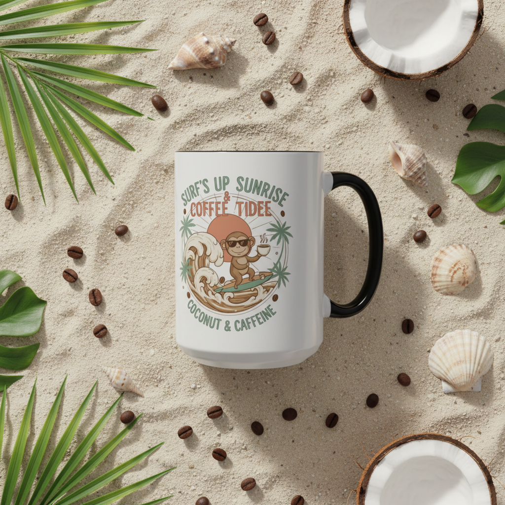 Tropical Surf Monkey Ceramic Coffee Mug | Surf's Up Sunrise Beach Gift