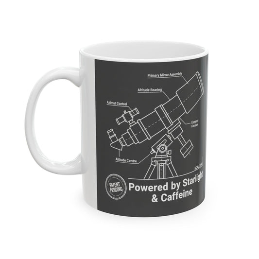 Astronomy Blueprint Ceramic Coffee Mug | Telescope Diagram 'Powered by Starlight & Caffeine' Gift
