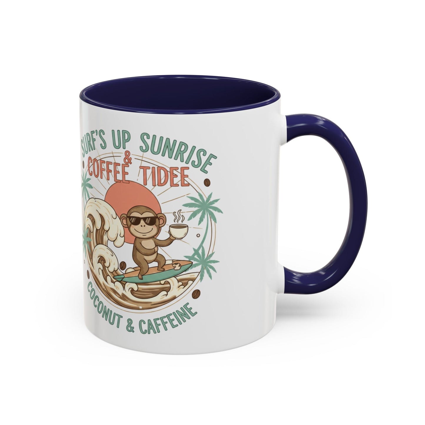 Coffee Mug “Surf’s Up Sunrise: Coconut & Caffeine” Tropical Surf Monkey Accent Mug