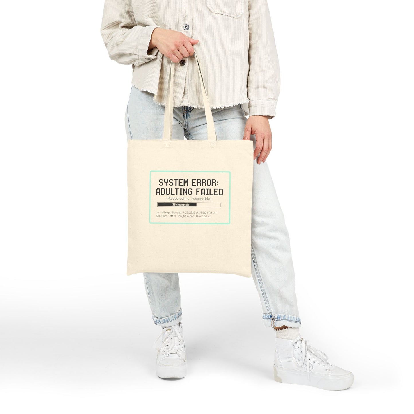 System Error: Adulting Failed Tote Bag | Funny Millennial Humor Canvas Bag | Retro Tech Aesthetic Student Gift