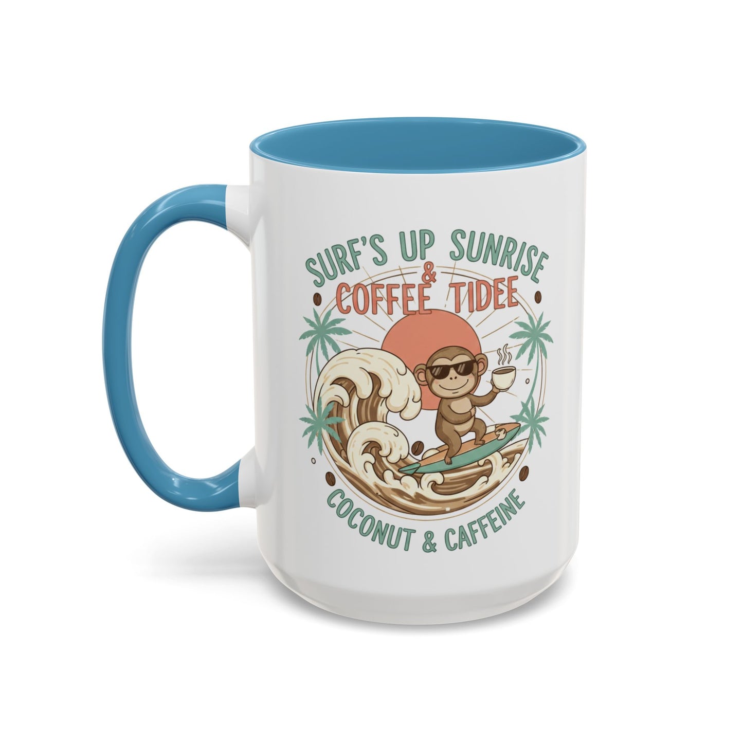 Coffee Mug “Surf’s Up Sunrise: Coconut & Caffeine” Tropical Surf Monkey Accent Mug