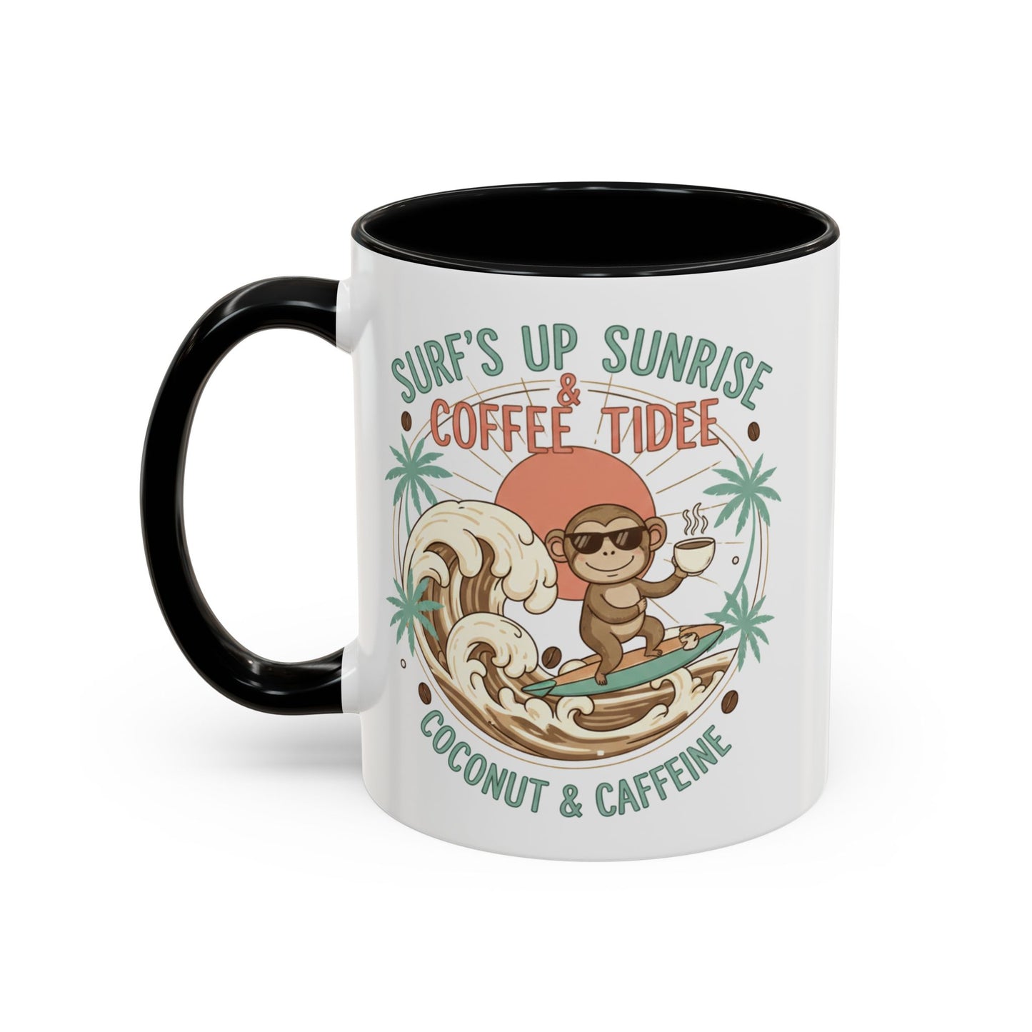 Coffee Mug “Surf’s Up Sunrise: Coconut & Caffeine” Tropical Surf Monkey Accent Mug