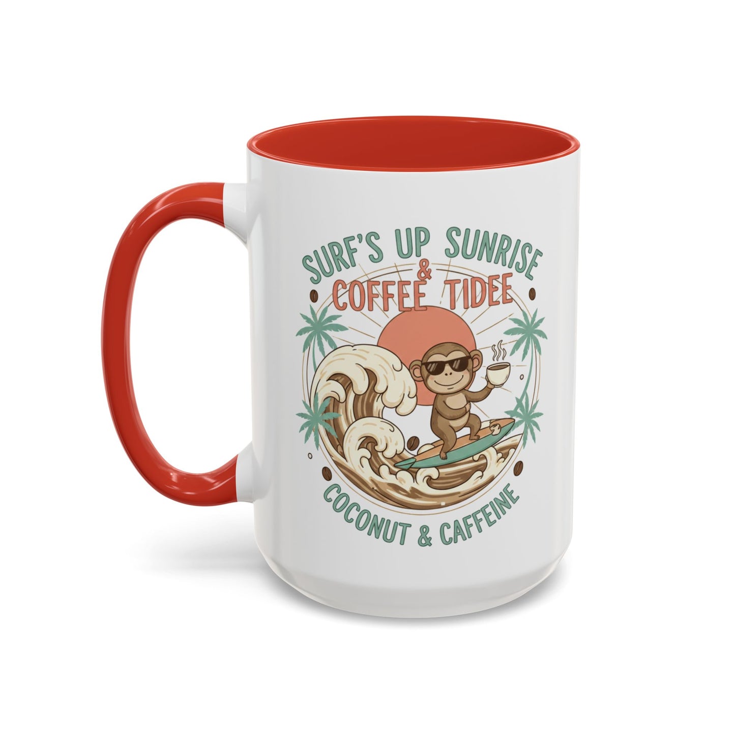 Coffee Mug “Surf’s Up Sunrise: Coconut & Caffeine” Tropical Surf Monkey Accent Mug