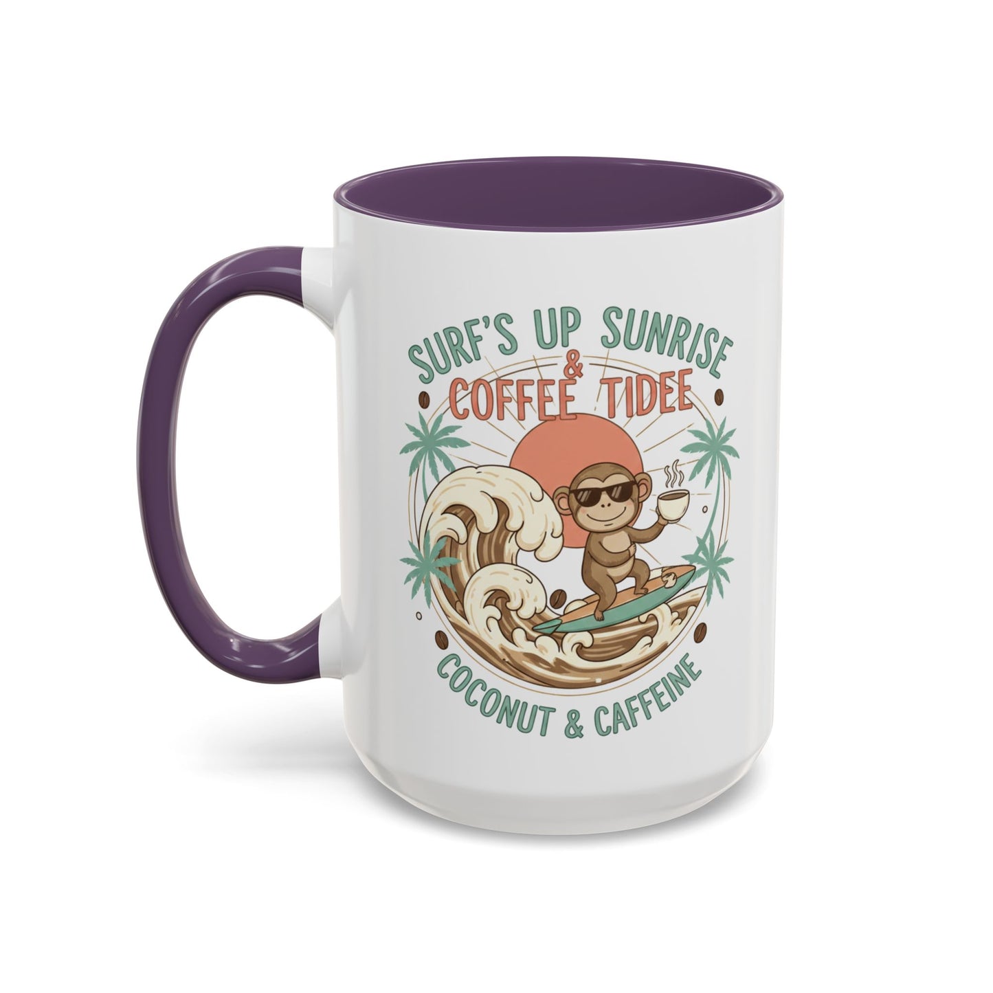 Coffee Mug “Surf’s Up Sunrise: Coconut & Caffeine” Tropical Surf Monkey Accent Mug