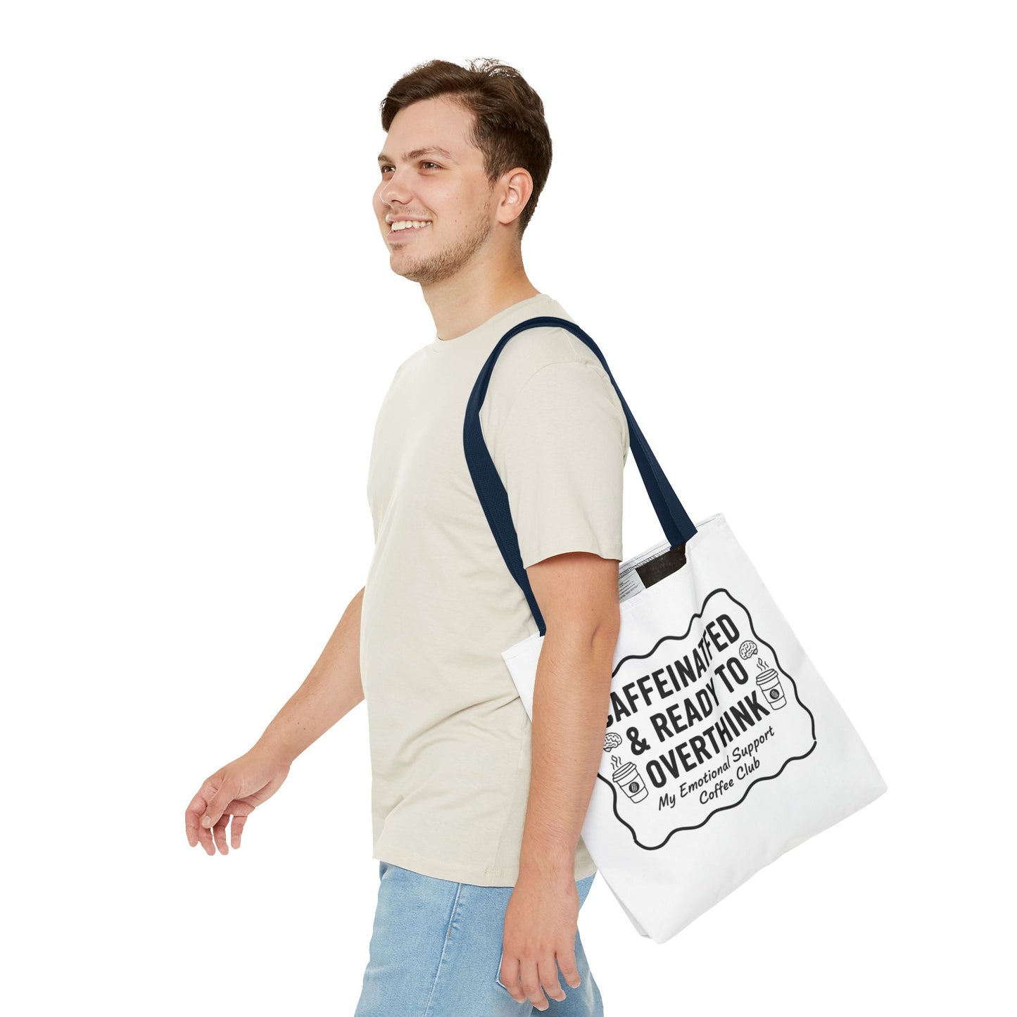 Caffeinated & Ready to Overthink Tote Bag | Funny Coffee Lover Gift | Sarcastic Aesthetic Canvas Tote for Students
