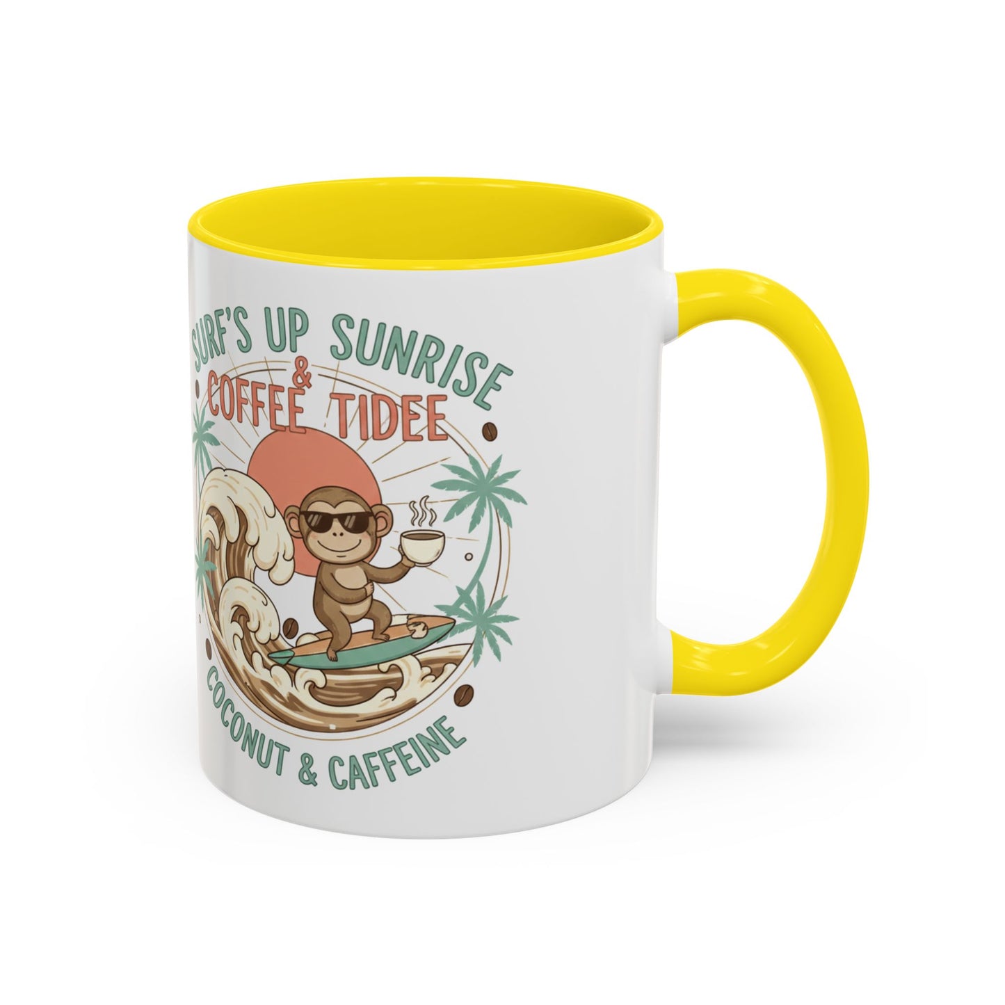 Coffee Mug “Surf’s Up Sunrise: Coconut & Caffeine” Tropical Surf Monkey Accent Mug