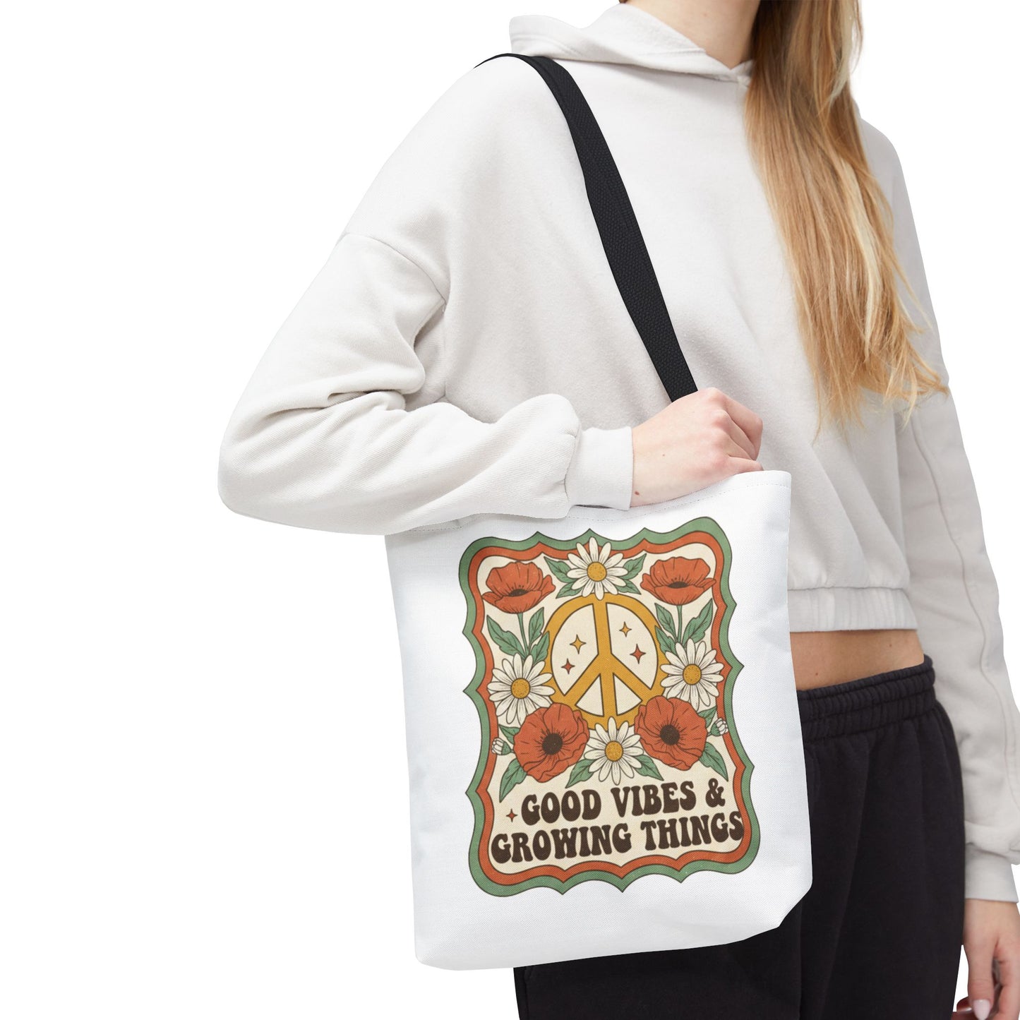 🌿 Retro Floral Tote Bag – “Good Vibes & Growing Things