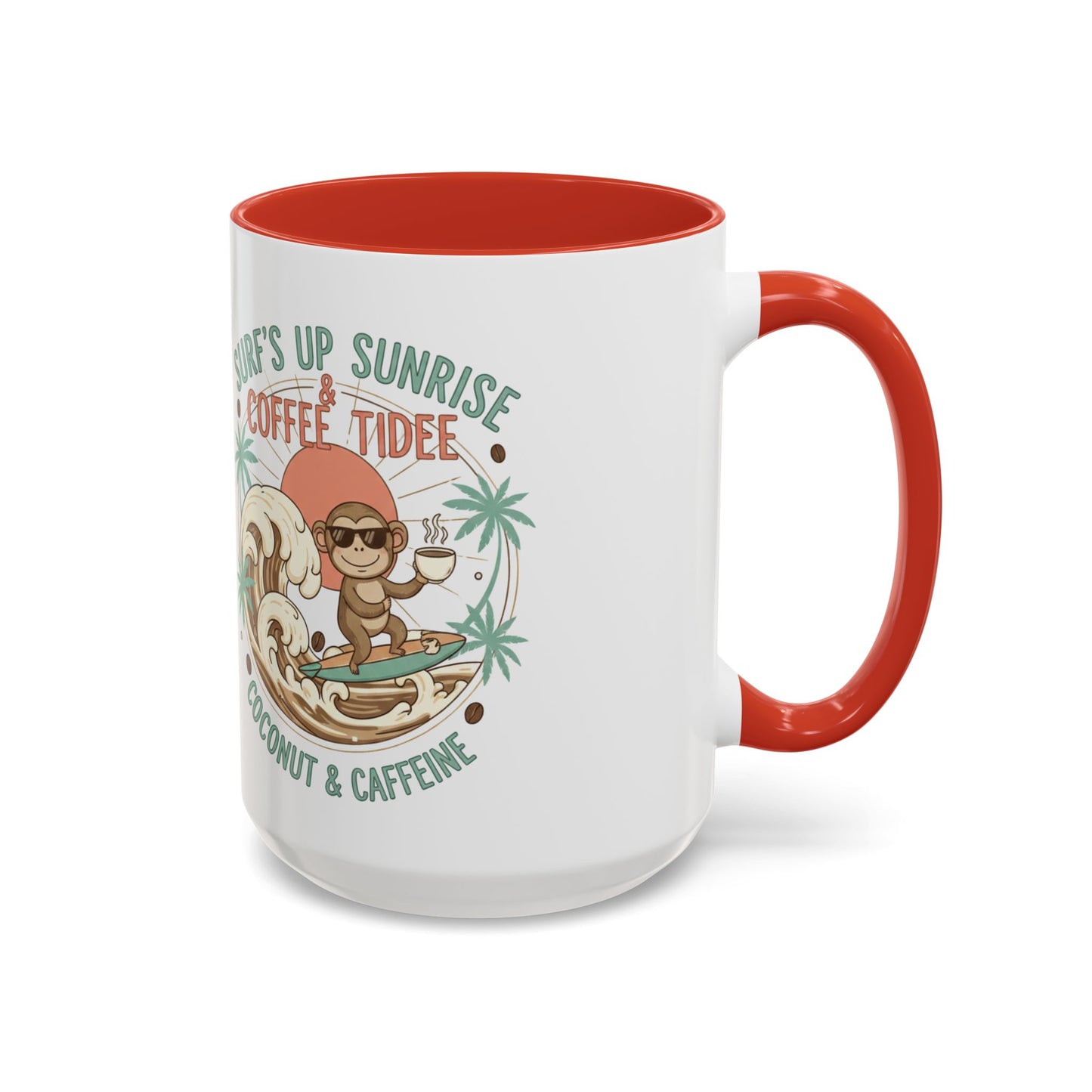 Coffee Mug “Surf’s Up Sunrise: Coconut & Caffeine” Tropical Surf Monkey Accent Mug