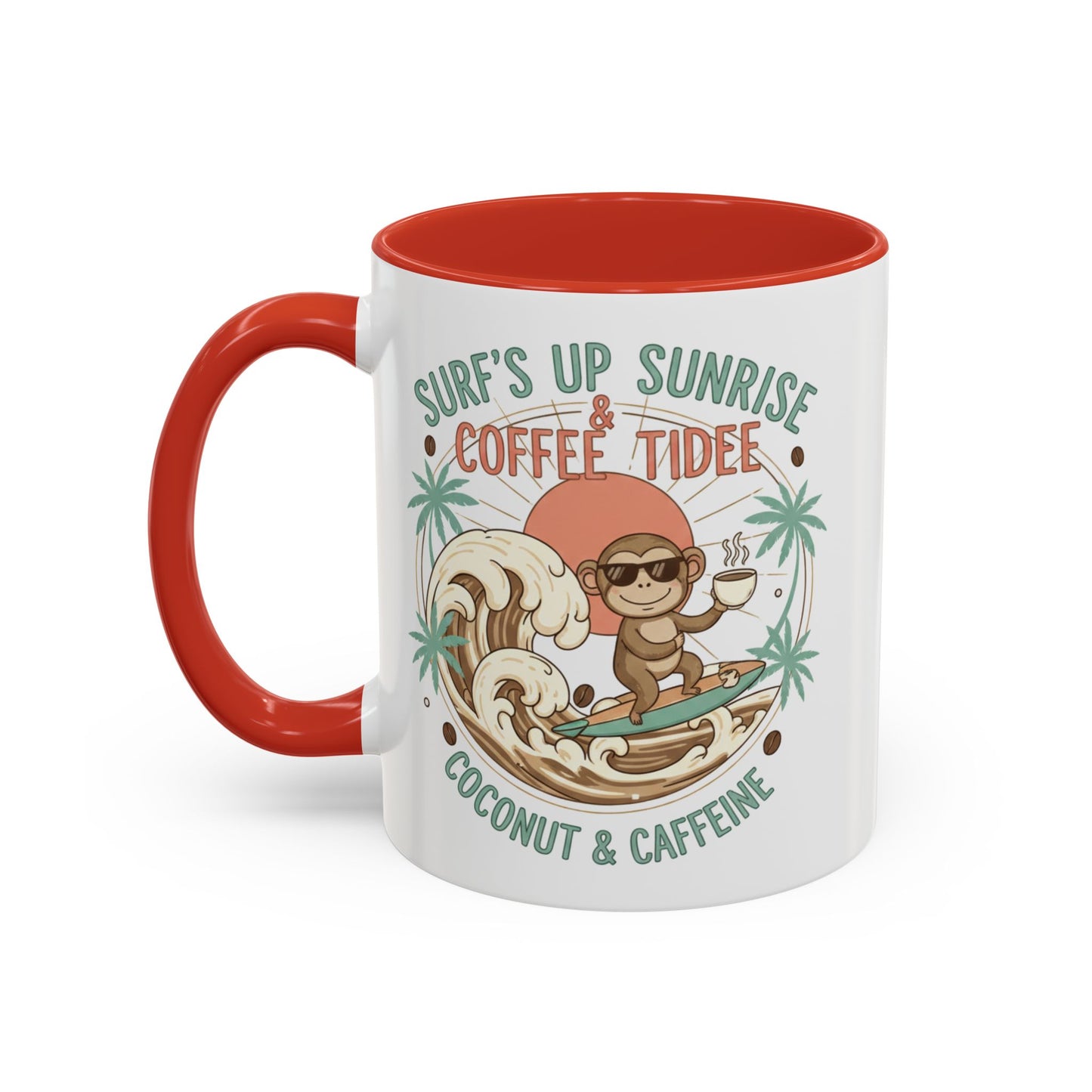Coffee Mug “Surf’s Up Sunrise: Coconut & Caffeine” Tropical Surf Monkey Accent Mug