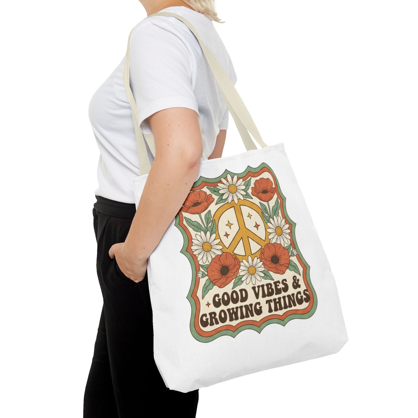 🌿 Retro Floral Tote Bag – “Good Vibes & Growing Things