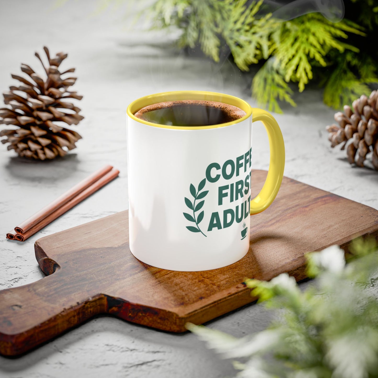 Funny Coffee Mug "Coffee First, Adulting Later" Color Accent Ceramic Mug