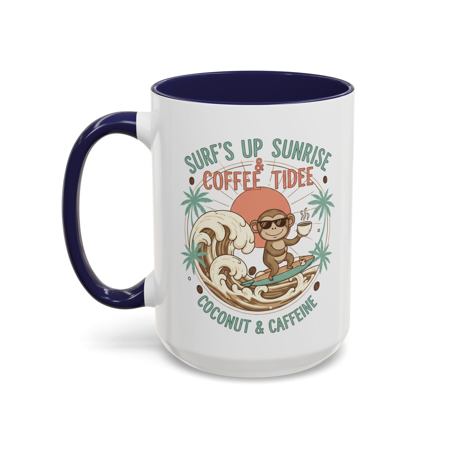 Coffee Mug “Surf’s Up Sunrise: Coconut & Caffeine” Tropical Surf Monkey Accent Mug