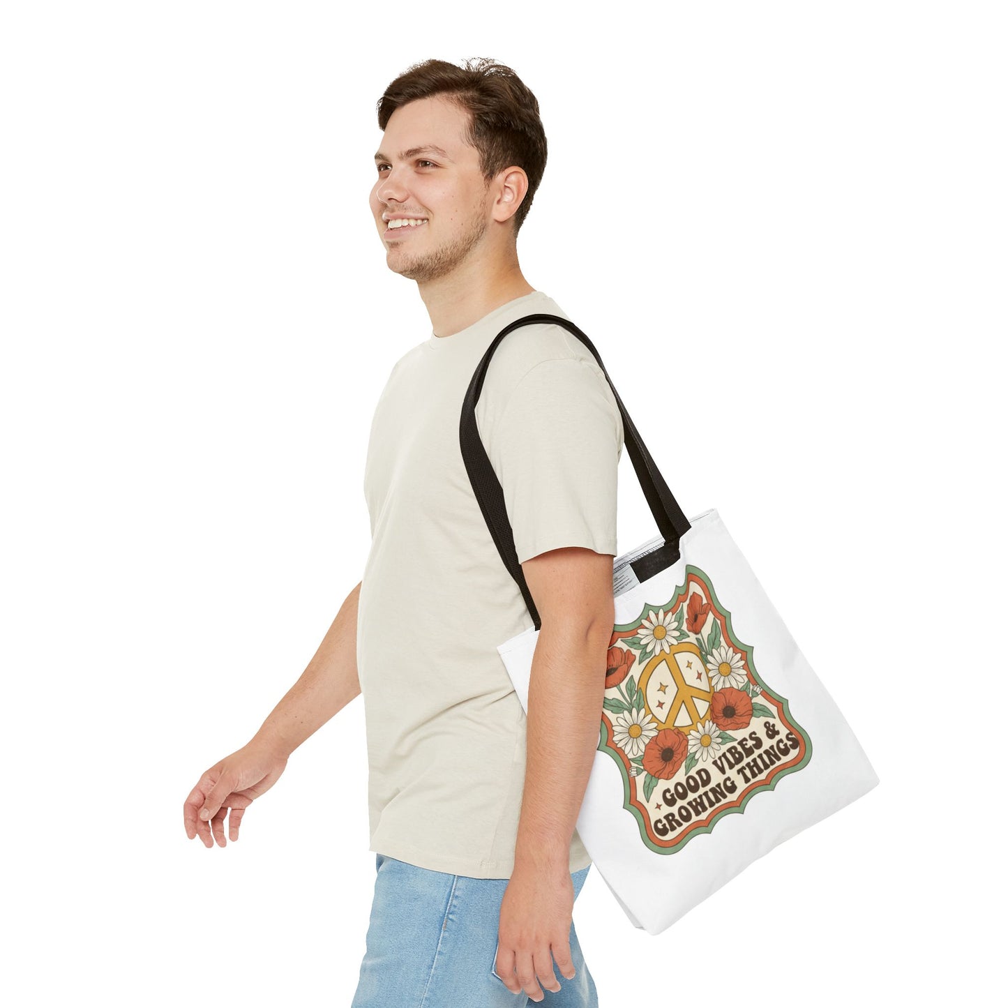 🌿 Retro Floral Tote Bag – “Good Vibes & Growing Things