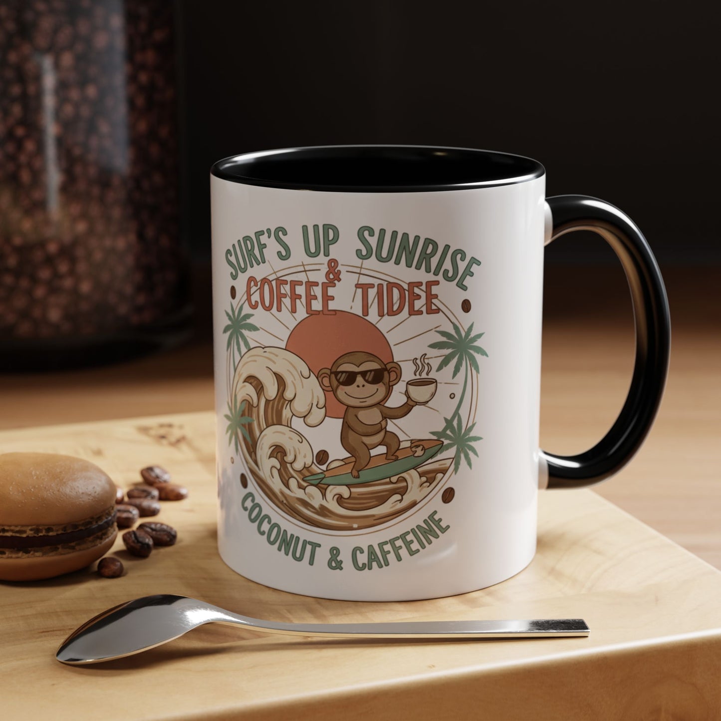 Coffee Mug “Surf’s Up Sunrise: Coconut & Caffeine” Tropical Surf Monkey Accent Mug