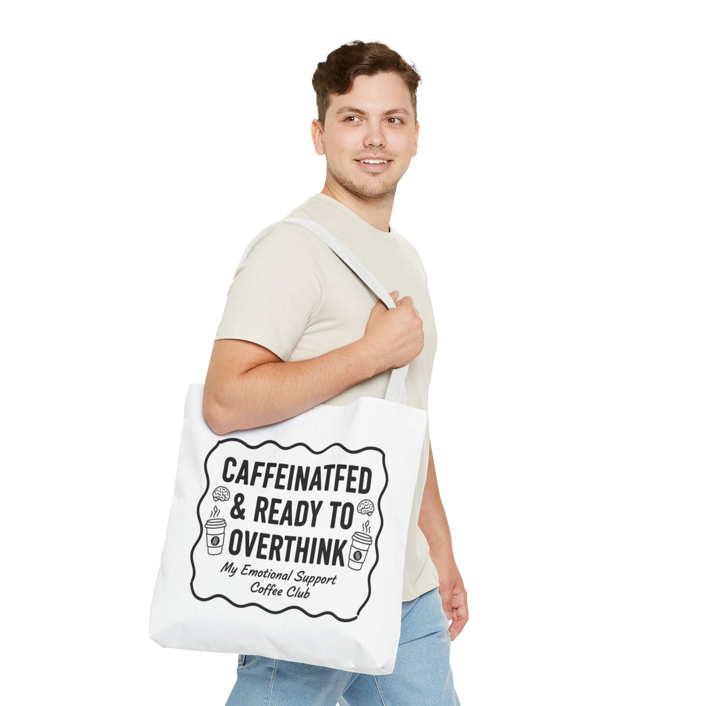 Caffeinated & Ready to Overthink Tote Bag | Funny Coffee Lover Gift | Sarcastic Aesthetic Canvas Tote for Students