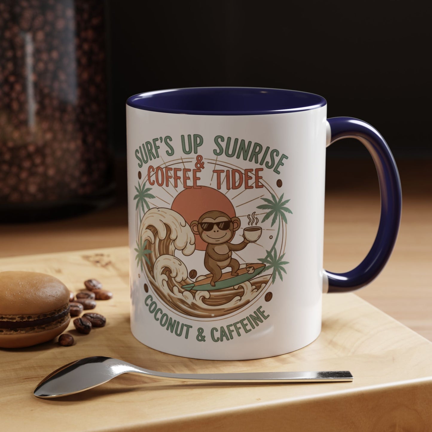 Coffee Mug “Surf’s Up Sunrise: Coconut & Caffeine” Tropical Surf Monkey Accent Mug