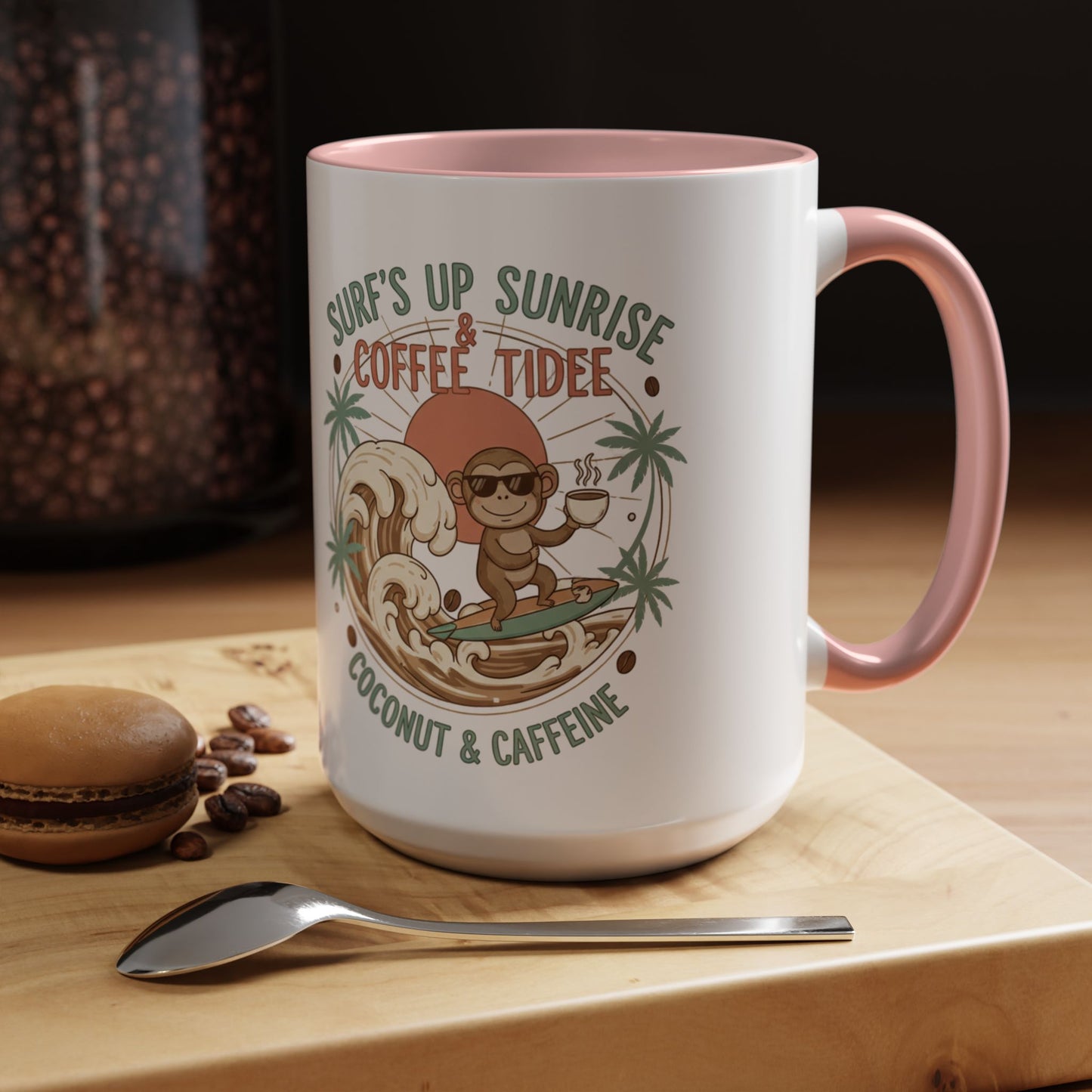 Coffee Mug “Surf’s Up Sunrise: Coconut & Caffeine” Tropical Surf Monkey Accent Mug