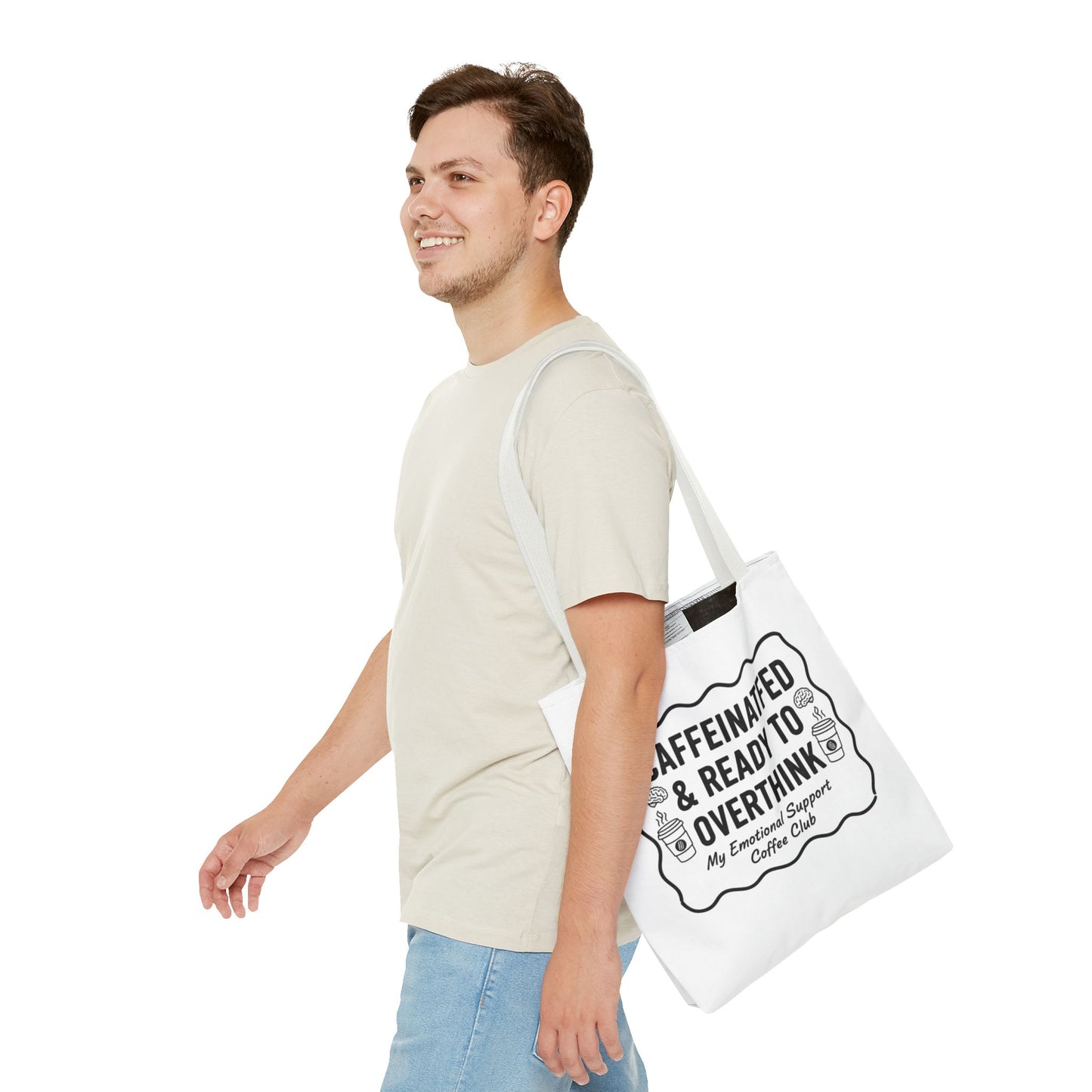 Caffeinated & Ready to Overthink Tote Bag | Funny Coffee Lover Gift | Sarcastic Aesthetic Canvas Tote for Students