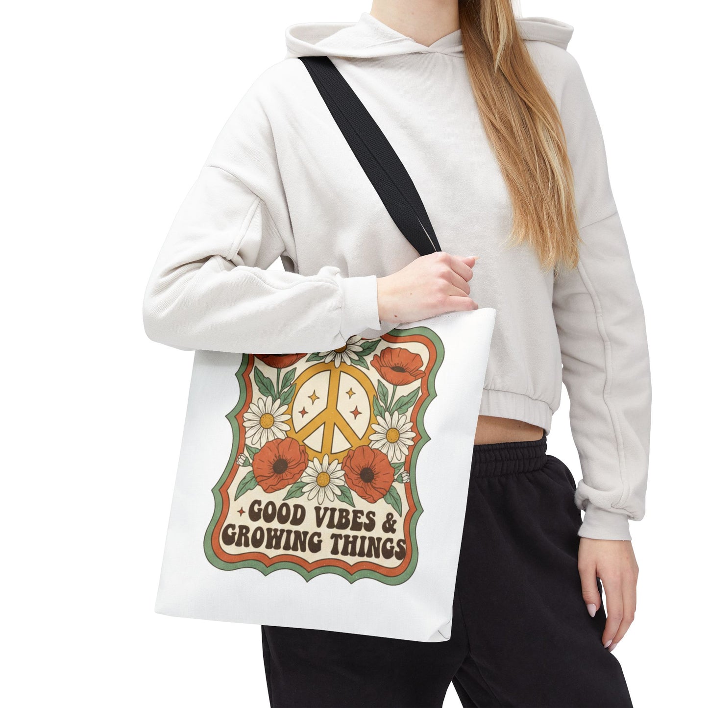 🌿 Retro Floral Tote Bag – “Good Vibes & Growing Things
