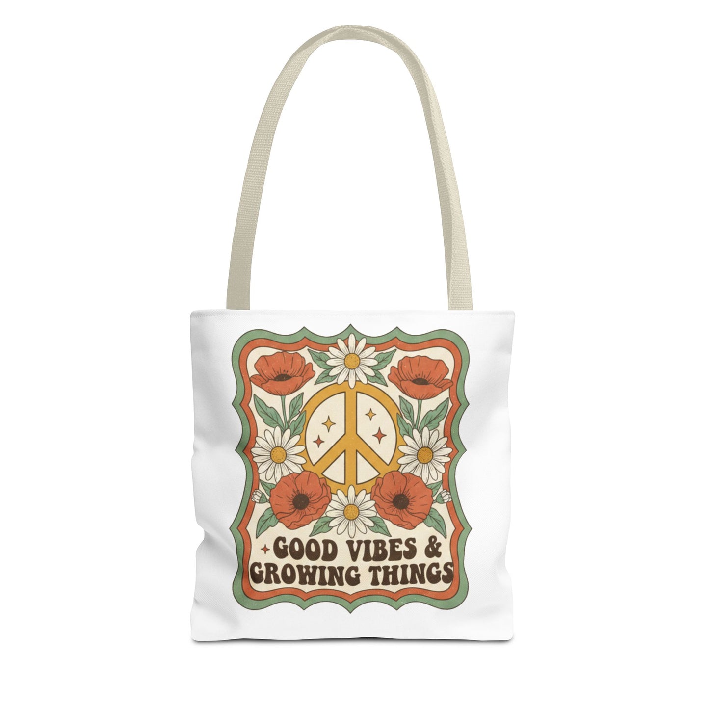 🌿 Retro Floral Tote Bag – “Good Vibes & Growing Things