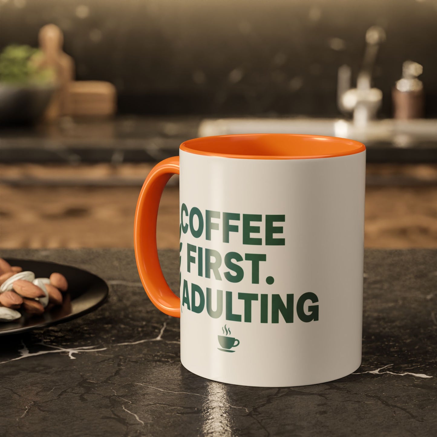 Funny Coffee Mug "Coffee First, Adulting Later" Color Accent Ceramic Mug