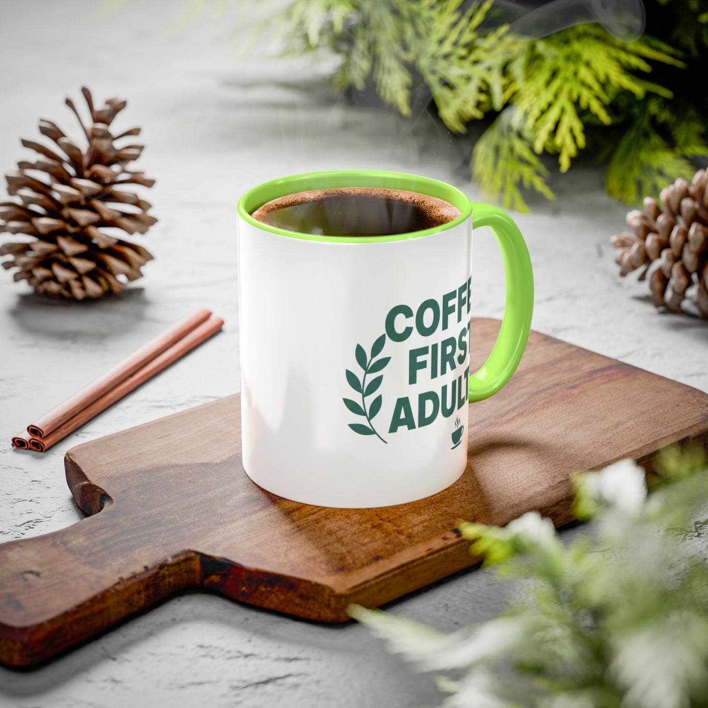 Funny Coffee Mug "Coffee First, Adulting Later" Color Accent Ceramic Mug