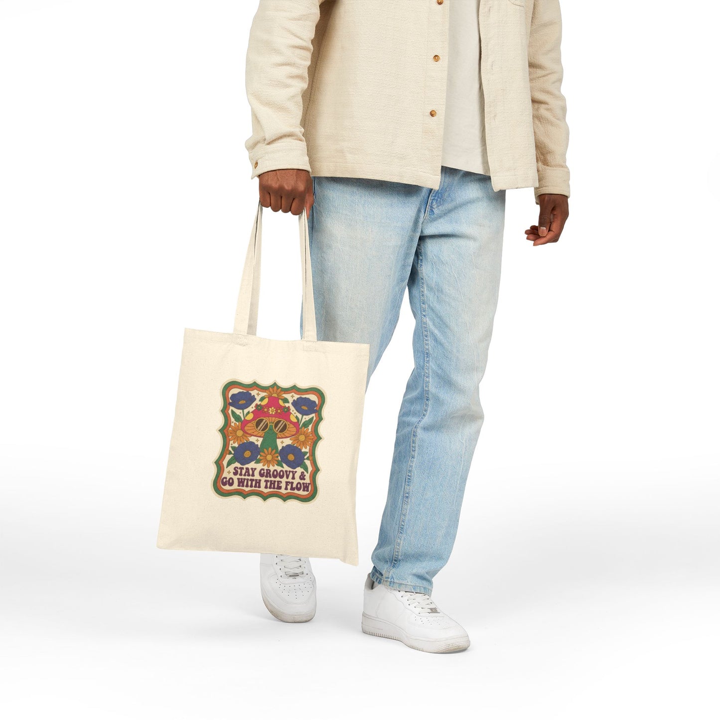 Retro Mushroom Canvas Tote Bag | 70s Vintage Boho Floral Gift