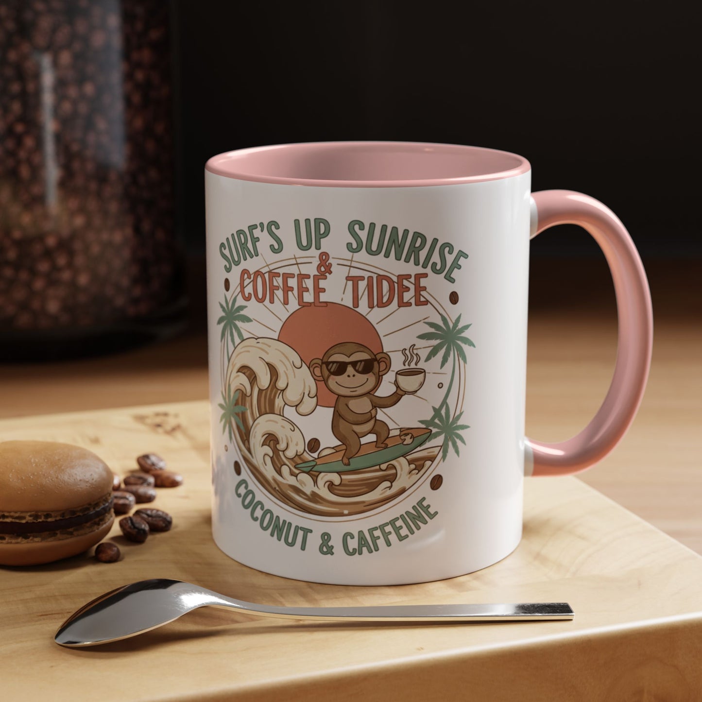 Coffee Mug “Surf’s Up Sunrise: Coconut & Caffeine” Tropical Surf Monkey Accent Mug