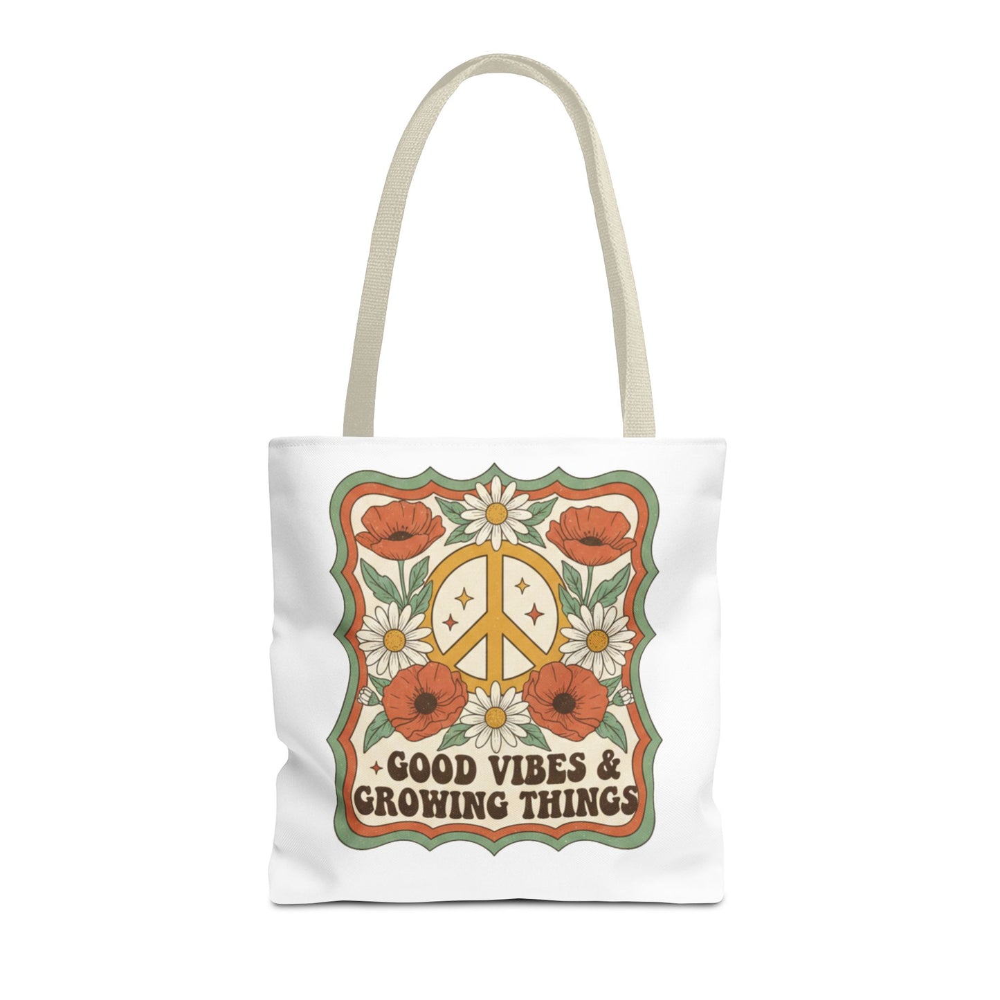 🌿 Retro Floral Tote Bag – “Good Vibes & Growing Things
