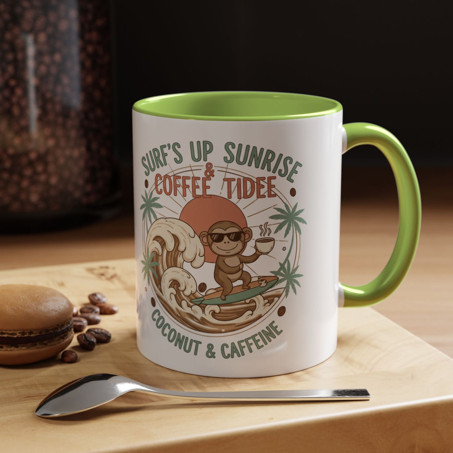 Coffee Mug “Surf’s Up Sunrise: Coconut & Caffeine” Tropical Surf Monkey Accent Mug