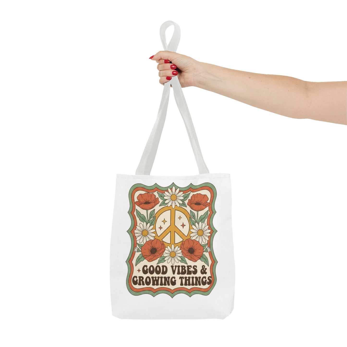 🌿 Retro Floral Tote Bag – “Good Vibes & Growing Things