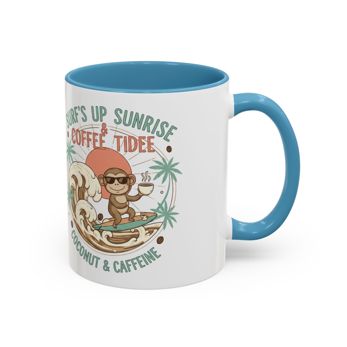 Coffee Mug “Surf’s Up Sunrise: Coconut & Caffeine” Tropical Surf Monkey Accent Mug