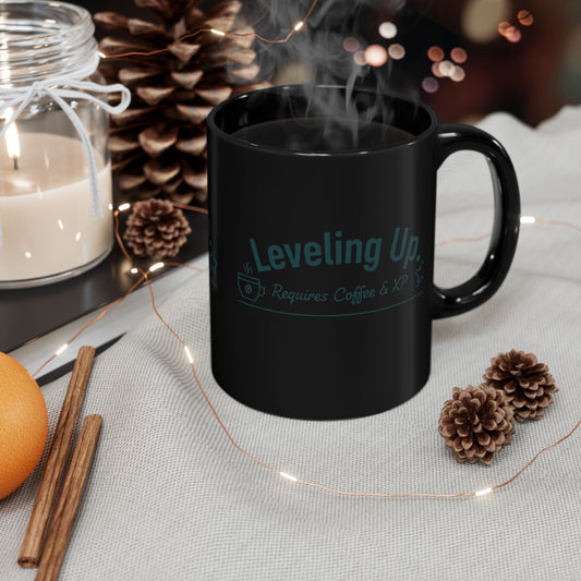 Black Ceramic Gaming Coffee Mug – "Leveling Up. Requires Coffee & XP"