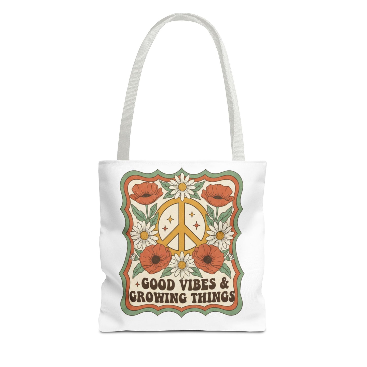 🌿 Retro Floral Tote Bag – “Good Vibes & Growing Things