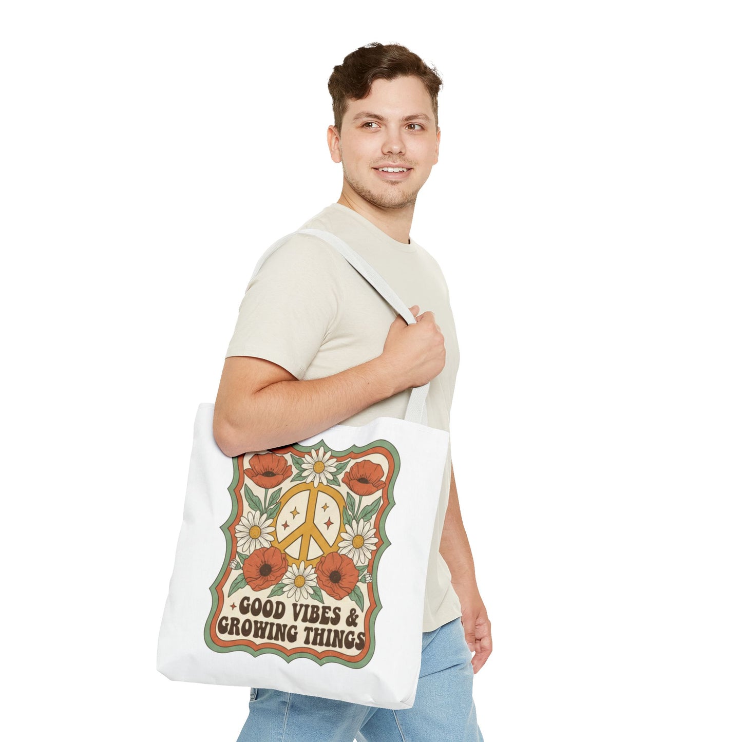 🌿 Retro Floral Tote Bag – “Good Vibes & Growing Things