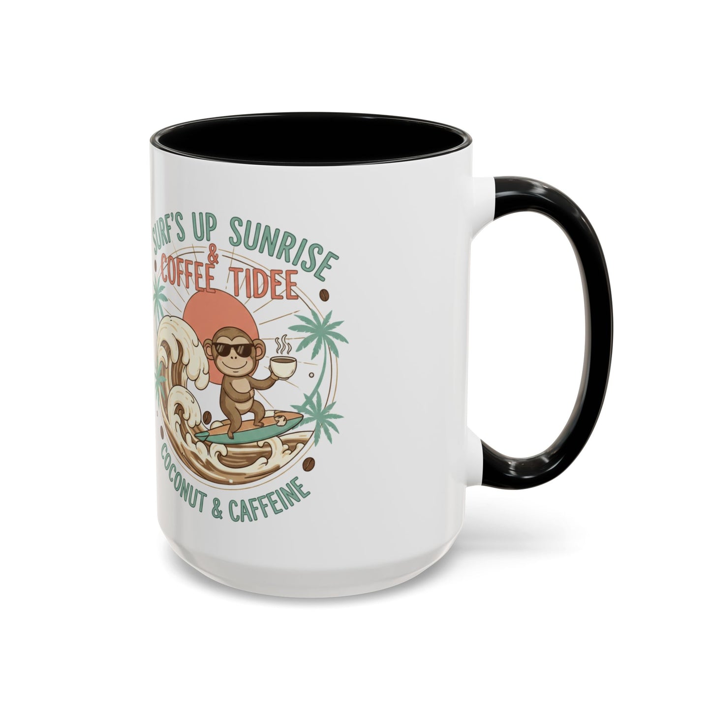 Coffee Mug “Surf’s Up Sunrise: Coconut & Caffeine” Tropical Surf Monkey Accent Mug