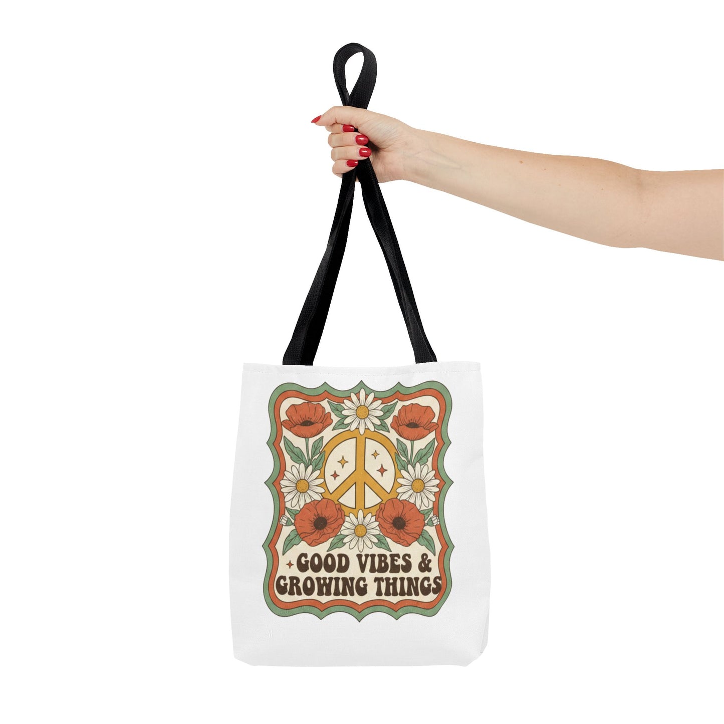 🌿 Retro Floral Tote Bag – “Good Vibes & Growing Things