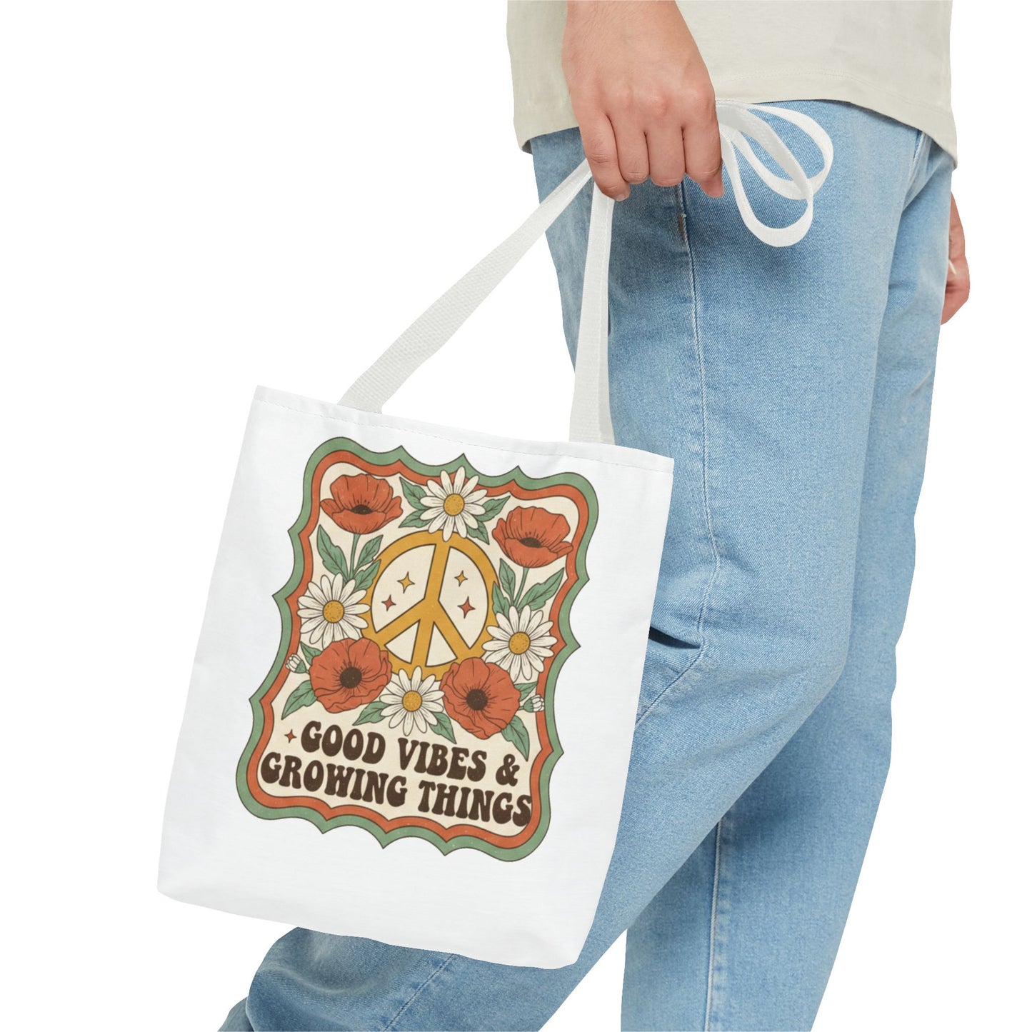 🌿 Retro Floral Tote Bag – “Good Vibes & Growing Things