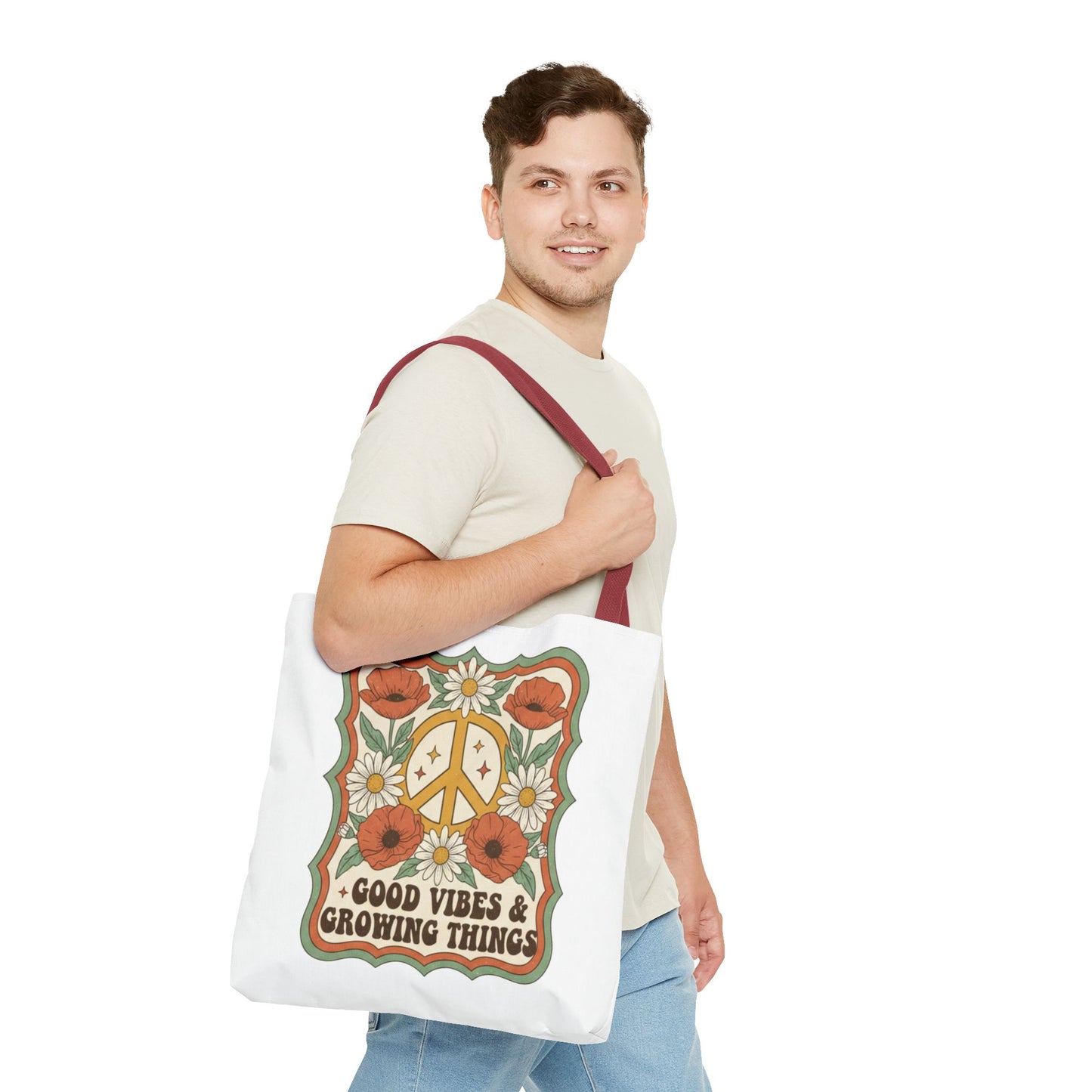 🌿 Retro Floral Tote Bag – “Good Vibes & Growing Things