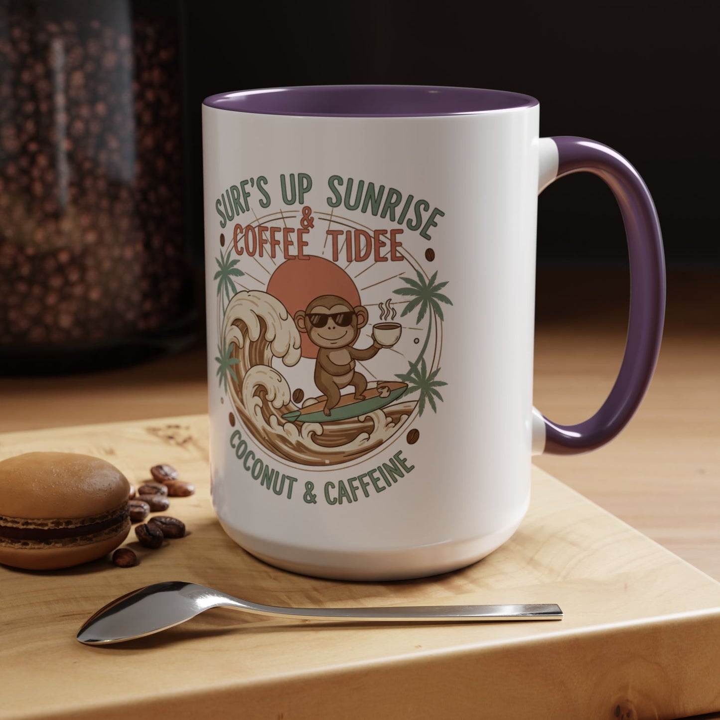 Coffee Mug “Surf’s Up Sunrise: Coconut & Caffeine” Tropical Surf Monkey Accent Mug