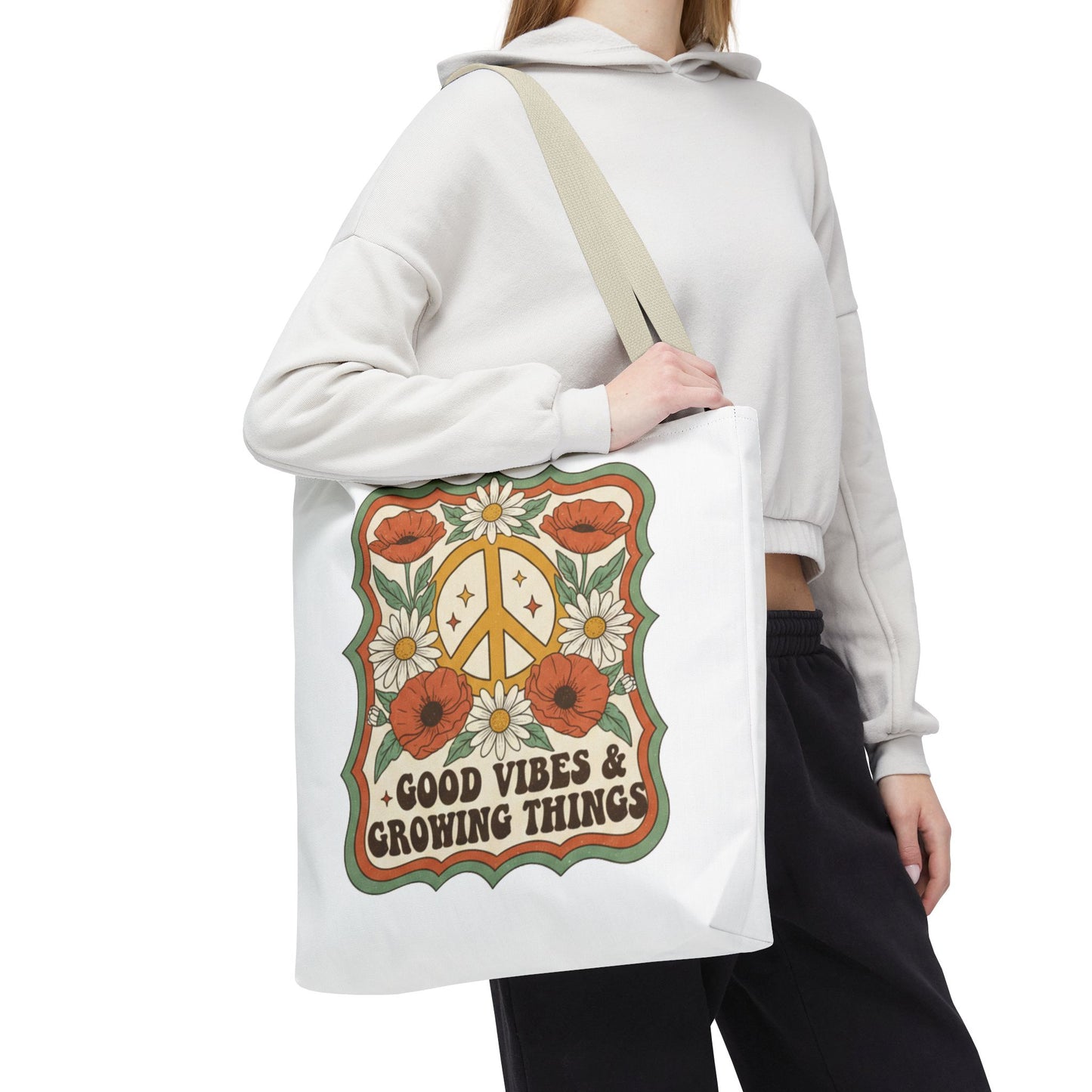🌿 Retro Floral Tote Bag – “Good Vibes & Growing Things