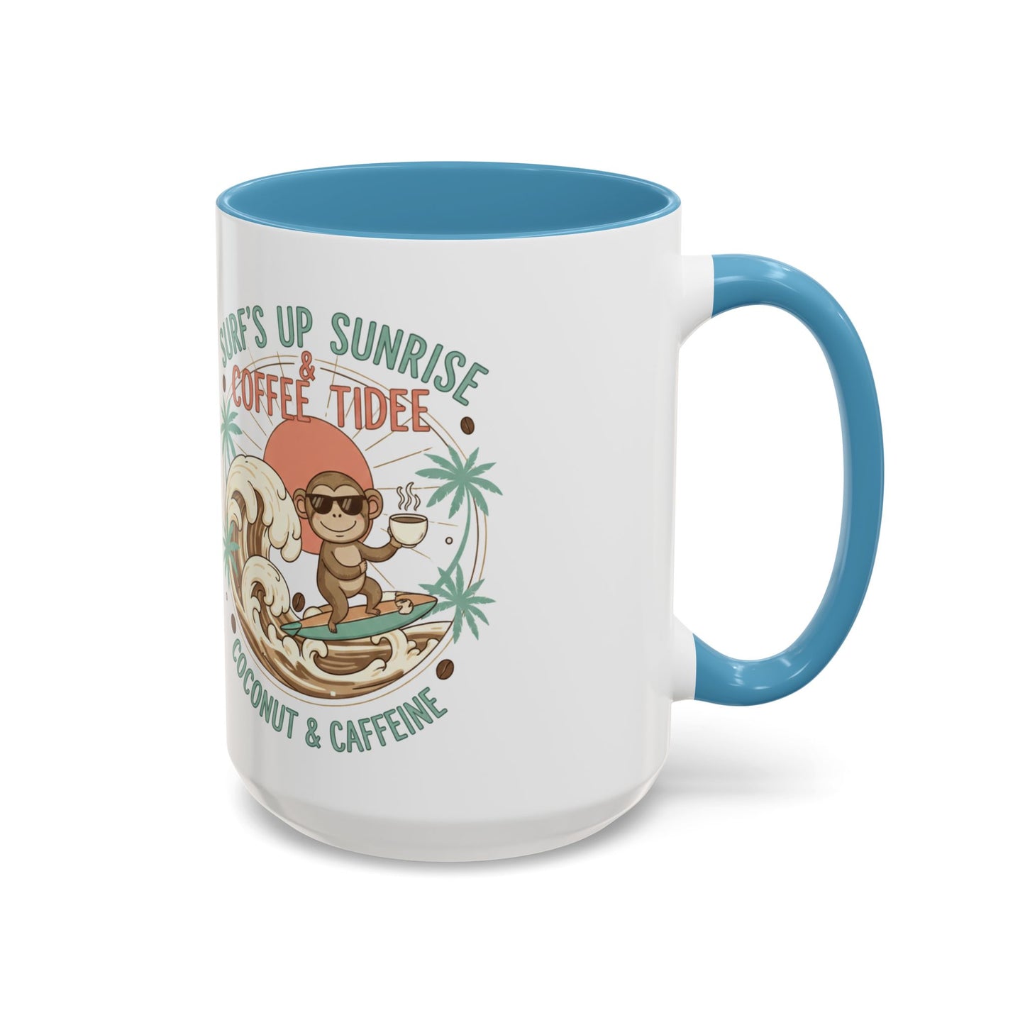 Coffee Mug “Surf’s Up Sunrise: Coconut & Caffeine” Tropical Surf Monkey Accent Mug