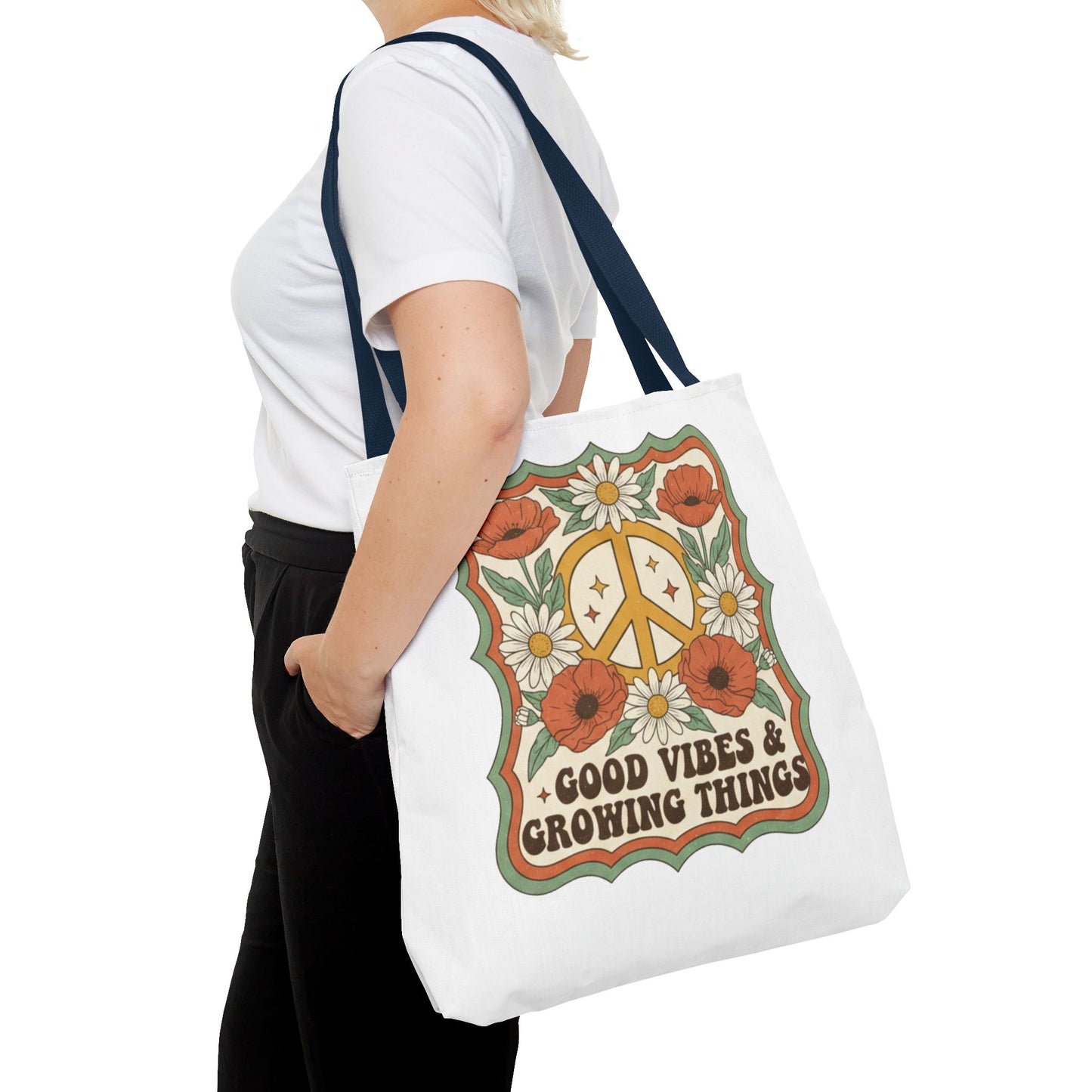 🌿 Retro Floral Tote Bag – “Good Vibes & Growing Things