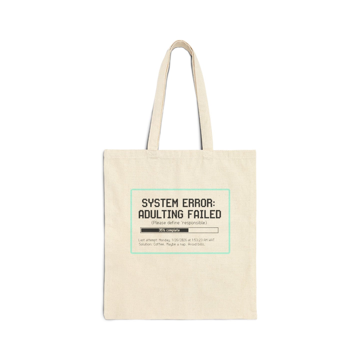 System Error: Adulting Failed Tote Bag | Funny Millennial Humor Canvas Bag | Retro Tech Aesthetic Student Gift