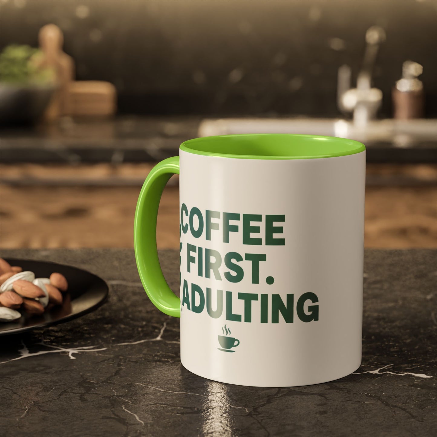 Funny Coffee Mug "Coffee First, Adulting Later" Color Accent Ceramic Mug