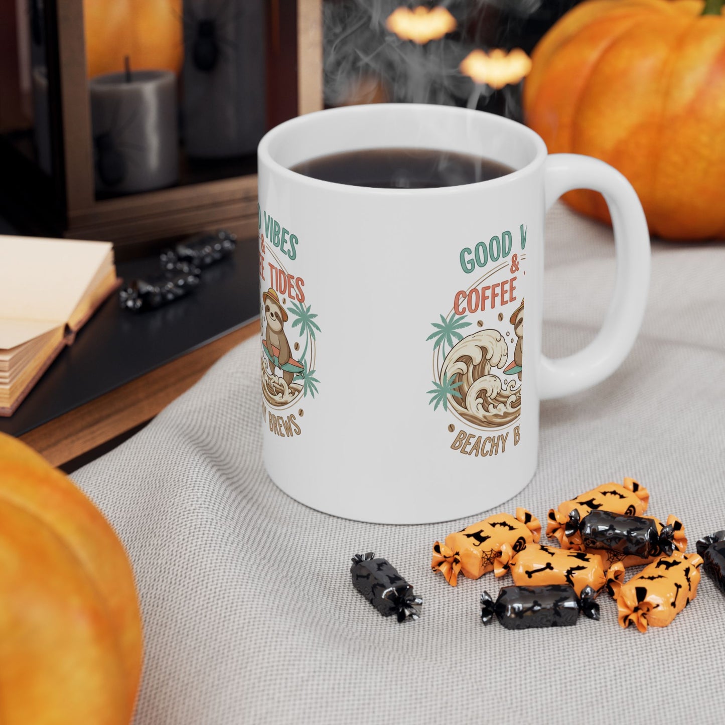 Good Vibes & Coffee Tides Ceramic Mug Beachy Brews Sloth Coffee Cup