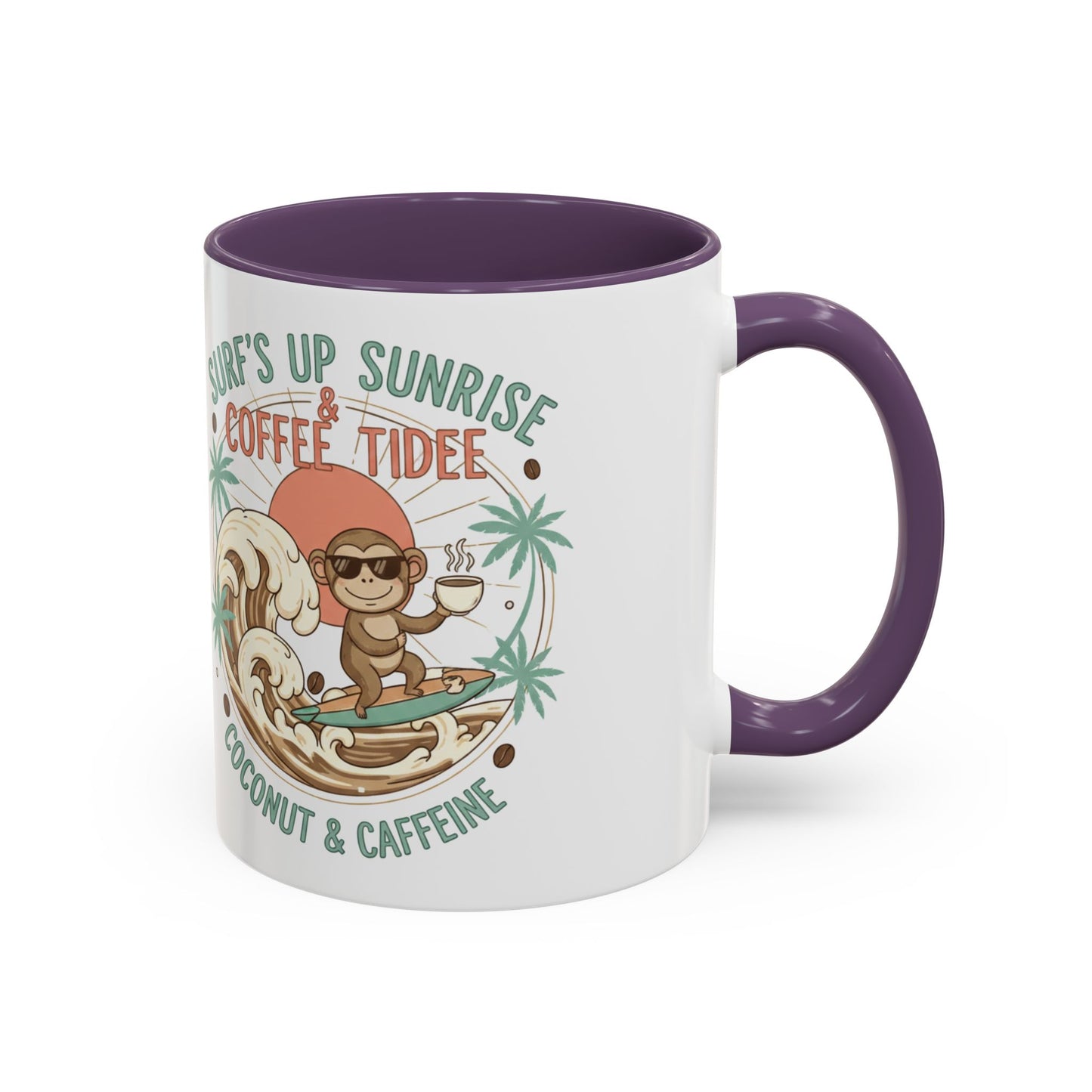 Coffee Mug “Surf’s Up Sunrise: Coconut & Caffeine” Tropical Surf Monkey Accent Mug