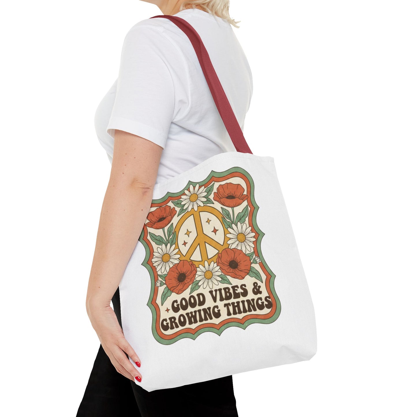 🌿 Retro Floral Tote Bag – “Good Vibes & Growing Things