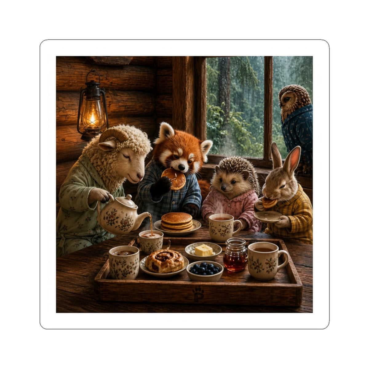 Cozy Woodland Tea Party Kiss-Cut Sticker — Red Panda, Bunny & Friends