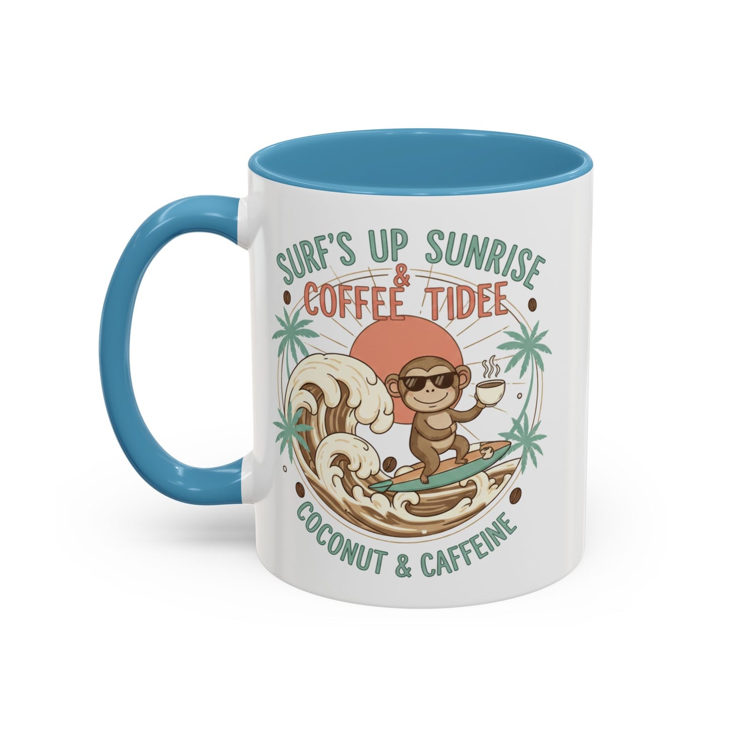 Coffee Mug “Surf’s Up Sunrise: Coconut & Caffeine” Tropical Surf Monkey Accent Mug